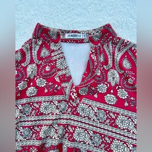 Zenbriele Red Paisley Top Tunic Blouse V Neck Sz. Medium